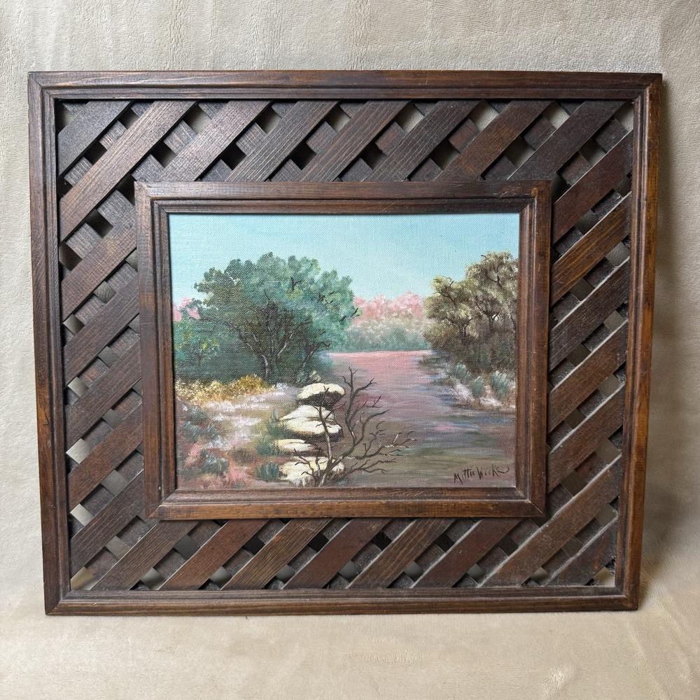 Vintage Original genuine oil Landscape River Water painting signed Wood Frame